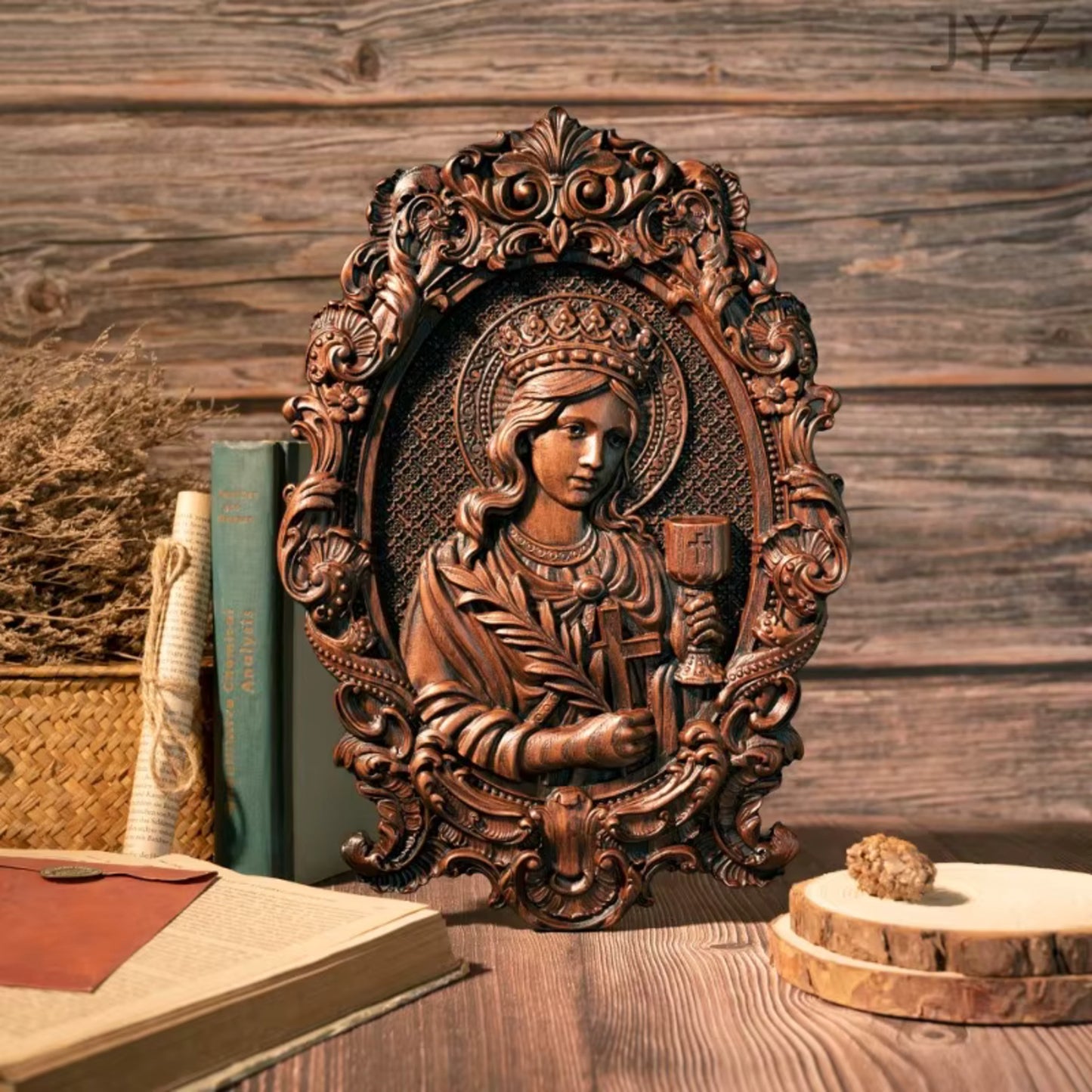 Brown Wooden Made Religious Mural Saint Carving Patron Wall Decoration Sculpture Home Decor