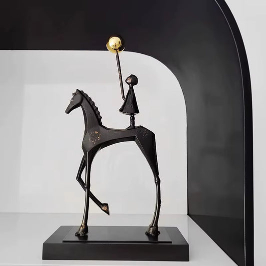 Black Wooden Horse Riding Sculpture Study Table Accessories Cabinet Bookshelf Home Decor 48cm