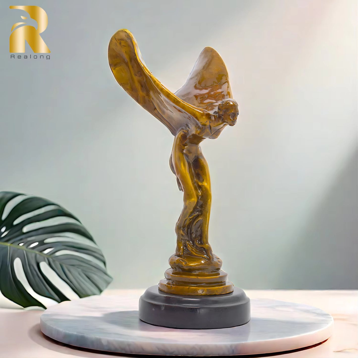 Flying Lady Figurine Marble Base Bronze Statue Abstract Structure For Home 32cm