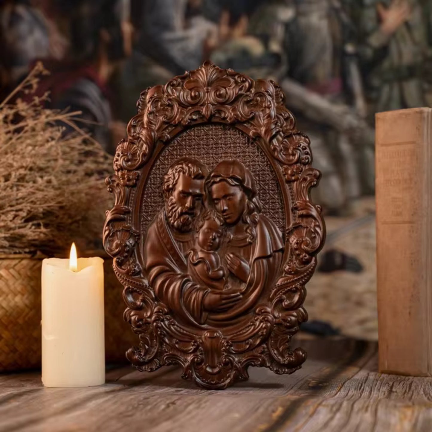 Wooden Material Holy Family Catholic Religious Hand Craved Byzantine Icon Wall Portrait Home Decor 35cm