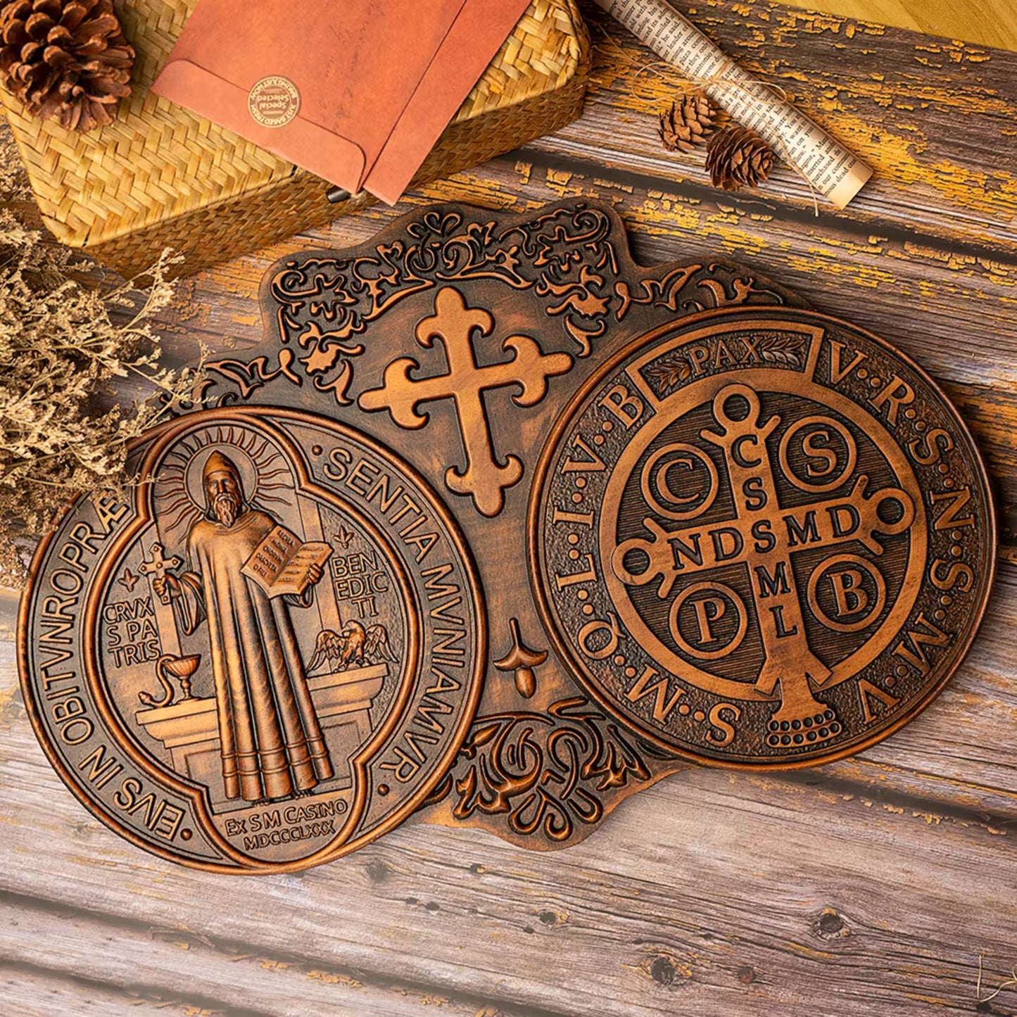 Wooden Carving Saint Benedict Catholic Saint Baptism Religious Wall Decoration Sculpture 13X20 cm