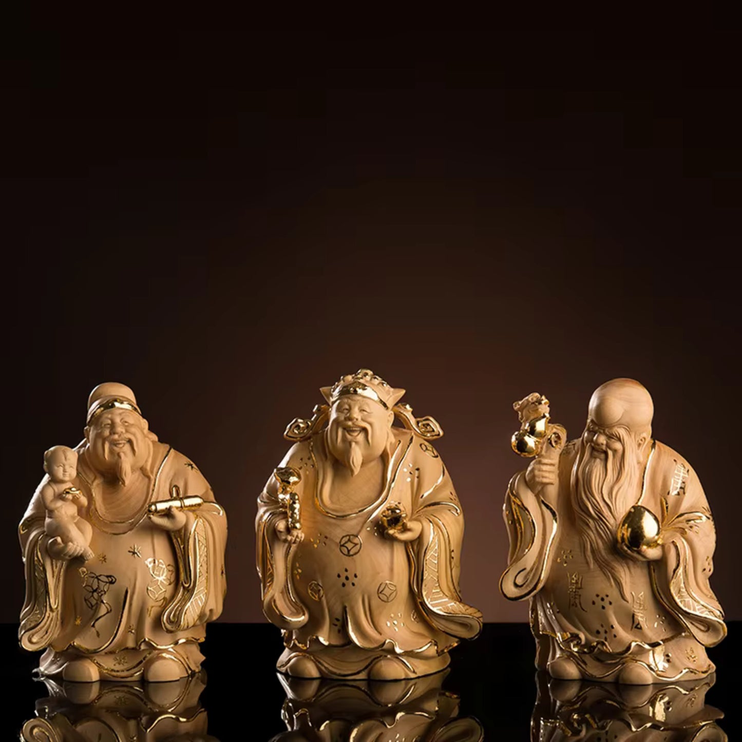 10cm FU LU Shou Three Stars Gods Buddhist Monks Statue Boxwood Home Decor