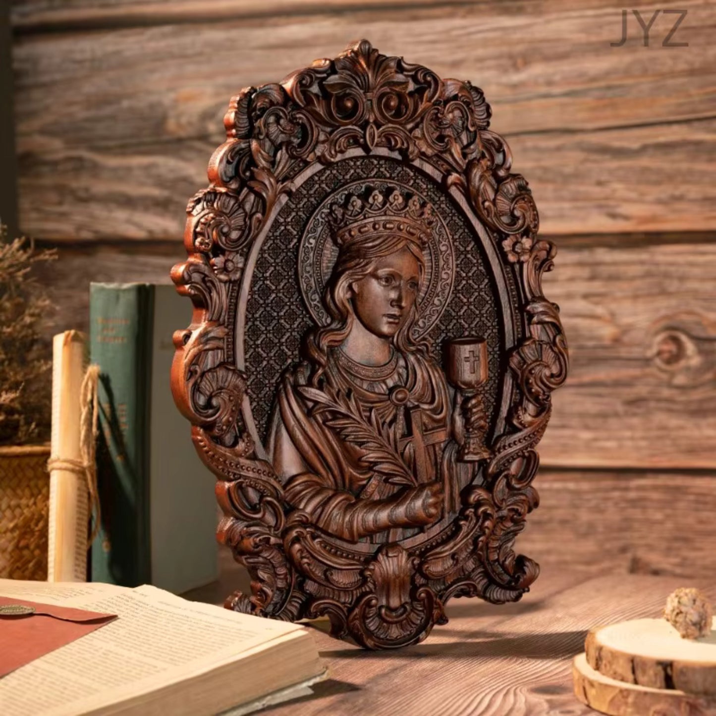 Brown Wooden Made Religious Mural Saint Carving Patron Wall Decoration Sculpture Home Decor