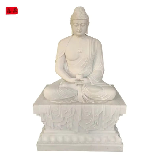 Customized White Stone Marble Sitting Buddha Statue Buddhist Temple Worship Decor