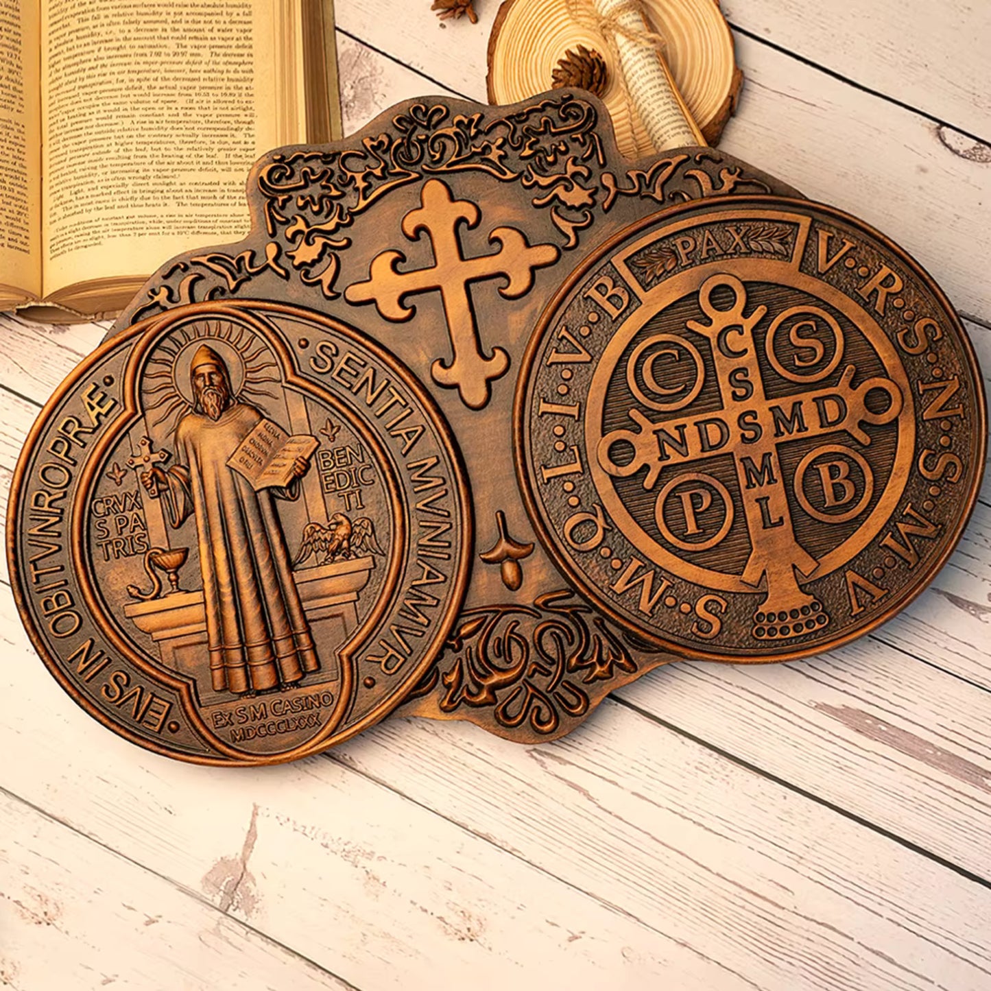 Wooden Carving Saint Benedict Catholic Saint Baptism Religious Wall Decoration Sculpture 13X20 cm