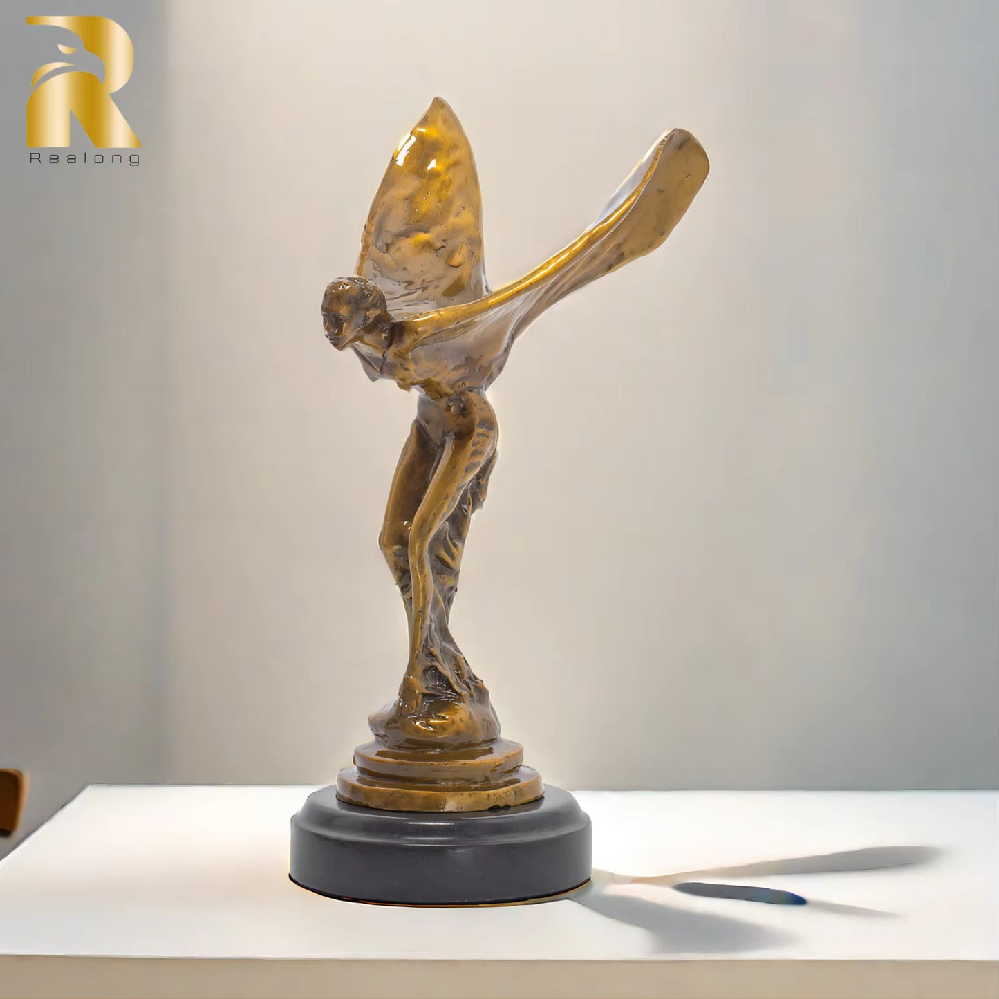 Flying Lady Figurine Marble Base Bronze Statue Abstract Structure For Home 32cm