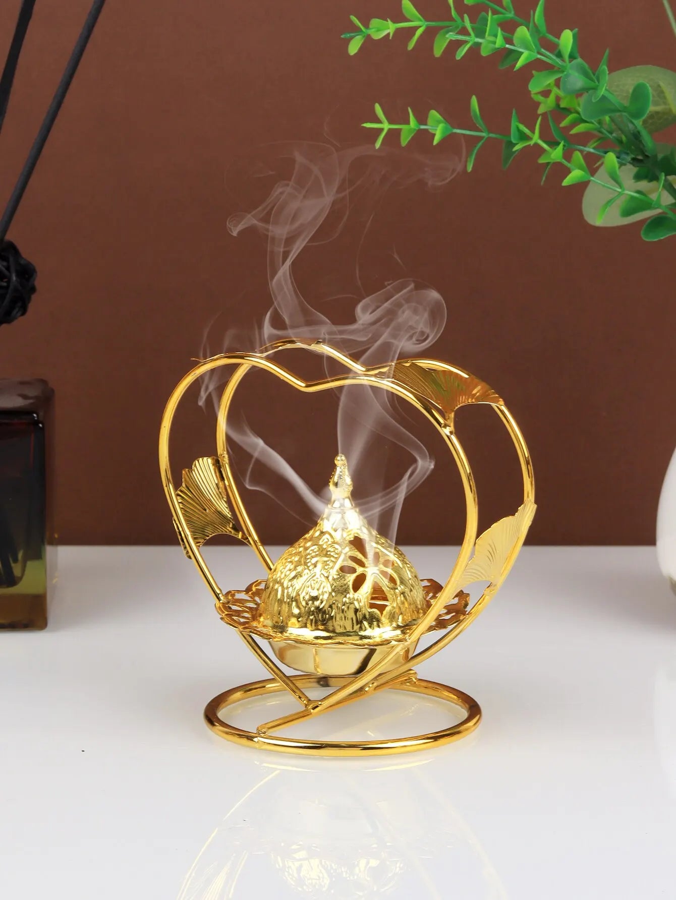 Antique Gold Heart Shaped Incense Burner Home Indoor Decoration 1 Pc