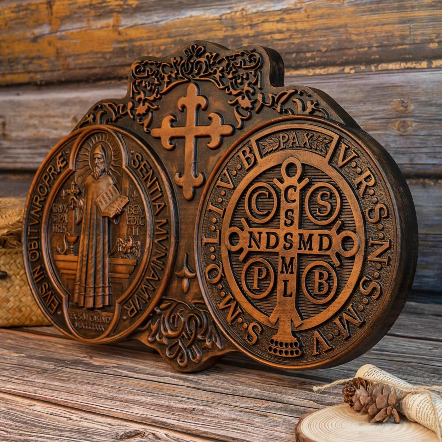 Wooden Carving Saint Benedict Catholic Saint Baptism Religious Wall Decoration Sculpture 13X20 cm