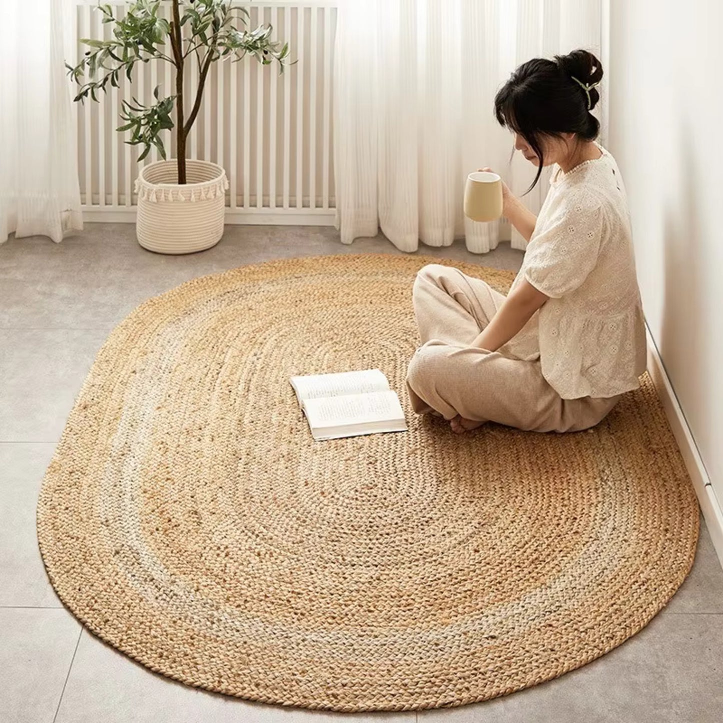 Japanese Style Pure Jute Hand Woven Wear Resistant Double Sided Living Room Rugs For Home Decor