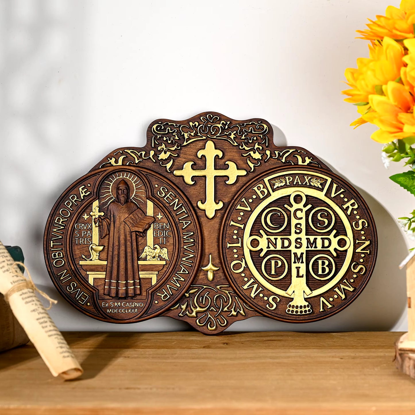 Wooden Carving Saint Benedict Catholic Saint Baptism Religious Wall Decoration Sculpture 13X20 cm