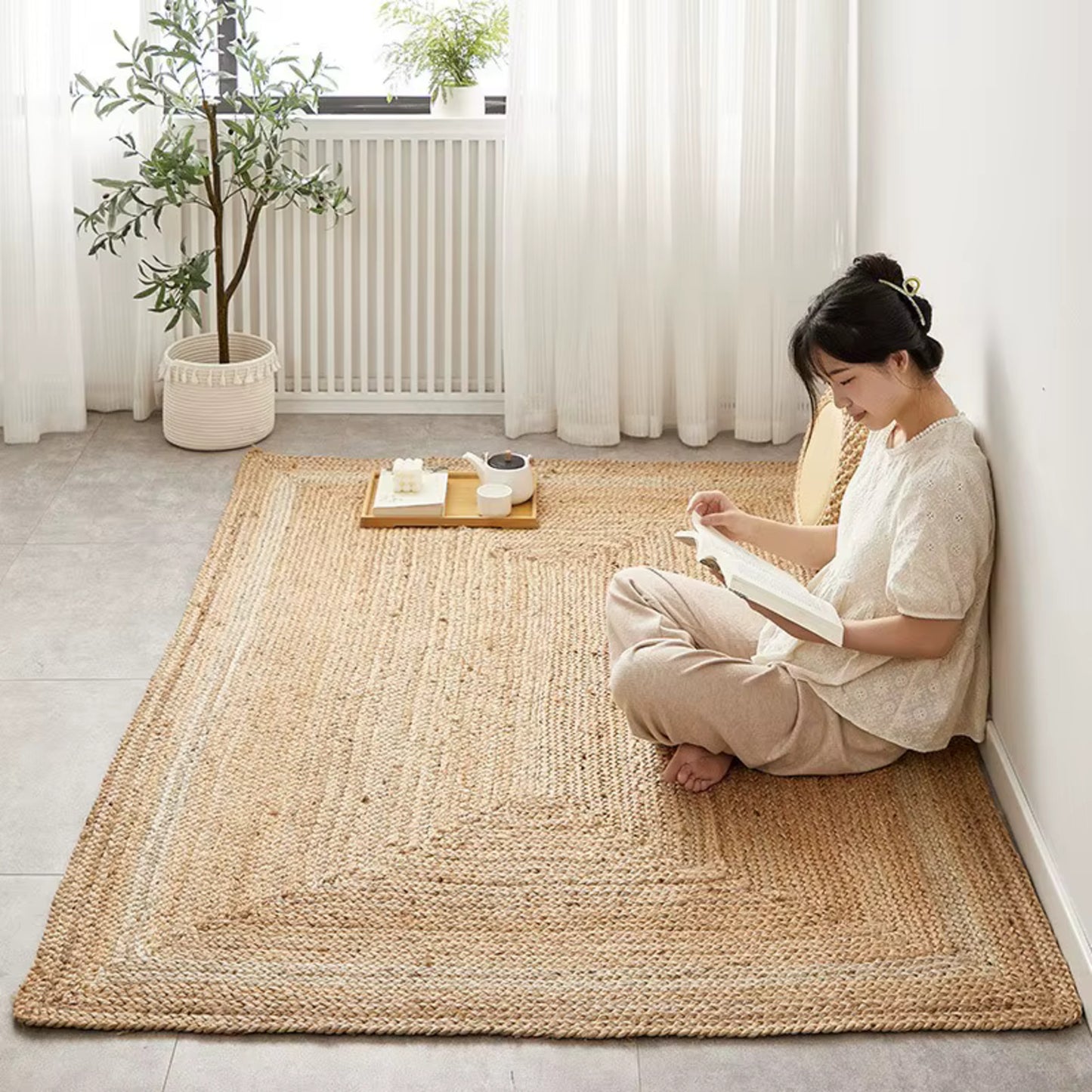 Japanese Style Pure Jute Hand Woven Wear Resistant Double Sided Living Room Rugs For Home Decor