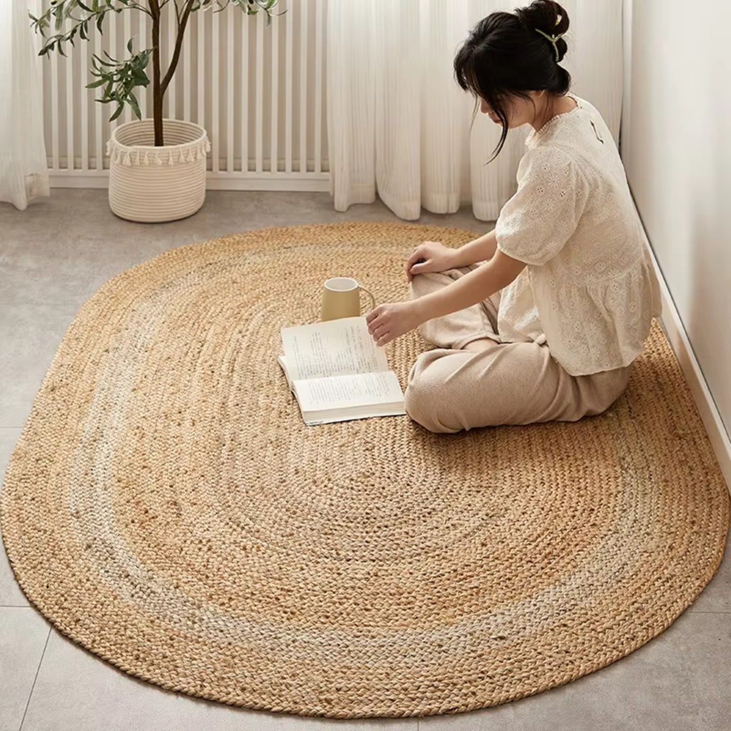 Japanese Style Pure Jute Hand Woven Wear Resistant Double Sided Living Room Rugs For Home Decor