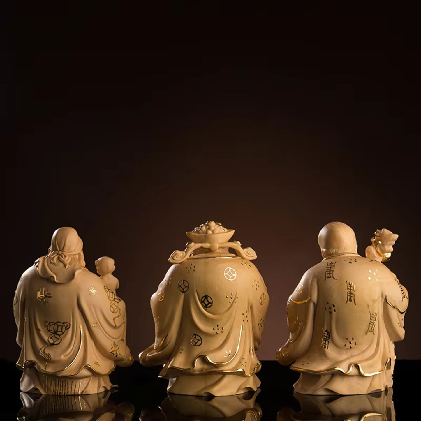 10cm FU LU Shou Three Stars Gods Buddhist Monks Statue Boxwood Home Decor