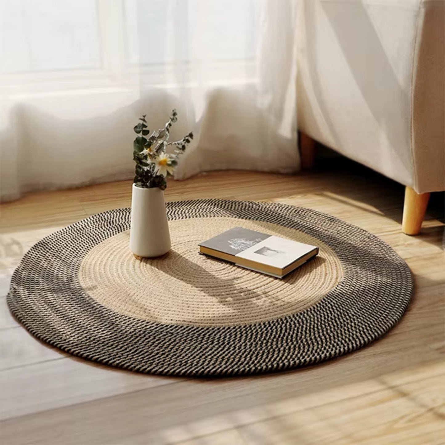 Japanese Style Hand Woven Round Pure Jute Material Luxury Bedroom Living Floor Mat Rugs